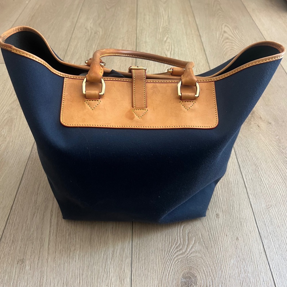 Dooney & Bourke Navy Blue Canvas Leather Trim Tote Bag Gold Hardware Shopper - Picture 5 of 16
